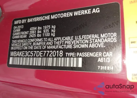 2013 BMW 328I I из США, поврежденный, VIN WBAKE3C57DE772018